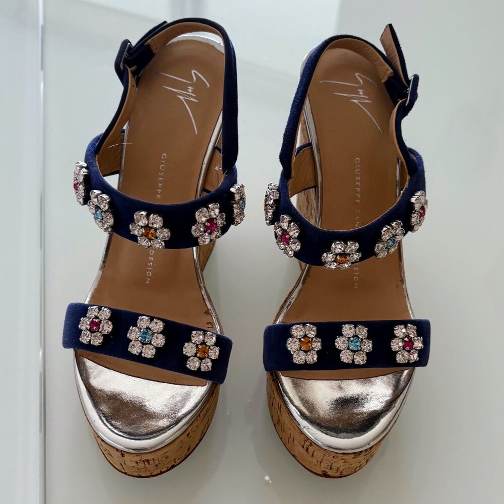 Giuseppe Zanotti Blue Suede & Leather Floral Studded Heels Size 37 1/2 EU